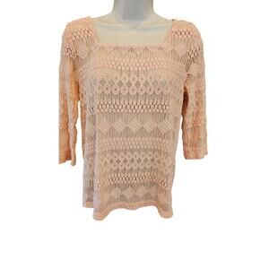 NWT Lucky Brand Peach Crocheted Mesh 3/4 Sleeve Boat Neck Top S boho peasant NEW